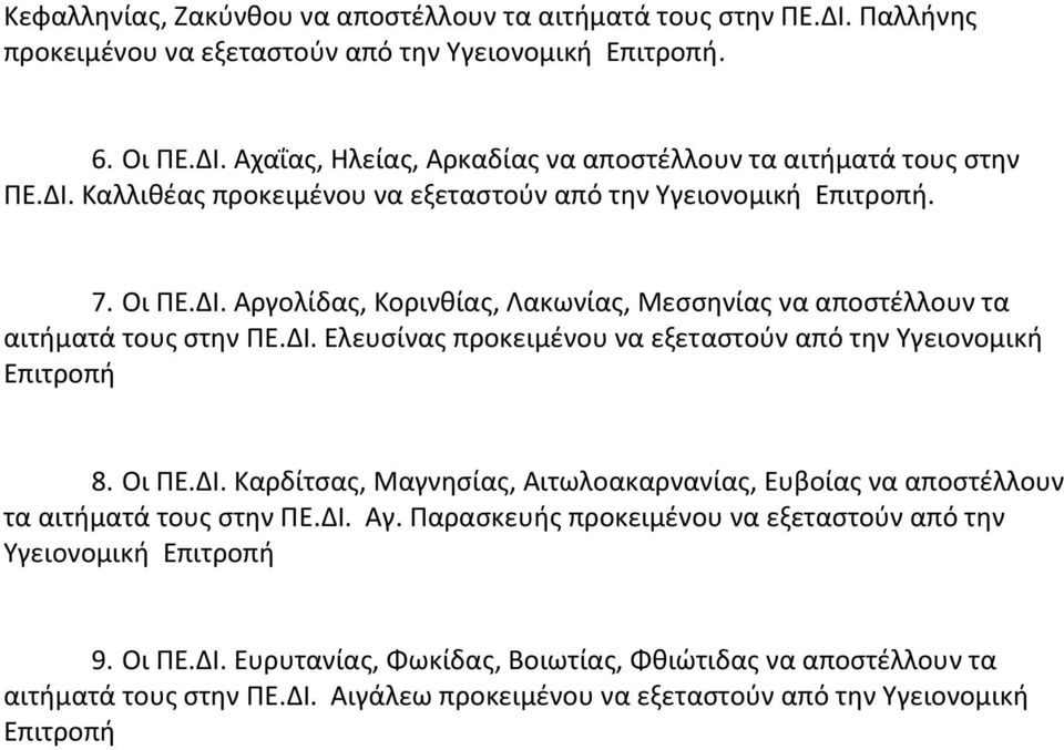 Οι ΠΕ.ΔΙ. Καρδίτσας, Μαγνησίας, Αιτωλοακαρνανίας, Ευβοίας να αποστέλλουν τα αιτήματά τους στην ΠΕ.ΔΙ. Αγ. Παρασκευής προκειμένου να εξεταστούν από την Υγειονομική Επιτροπή 9. Οι ΠΕ.ΔΙ. Ευρυτανίας, Φωκίδας, Βοιωτίας, Φθιώτιδας να αποστέλλουν τα αιτήματά τους στην ΠΕ.