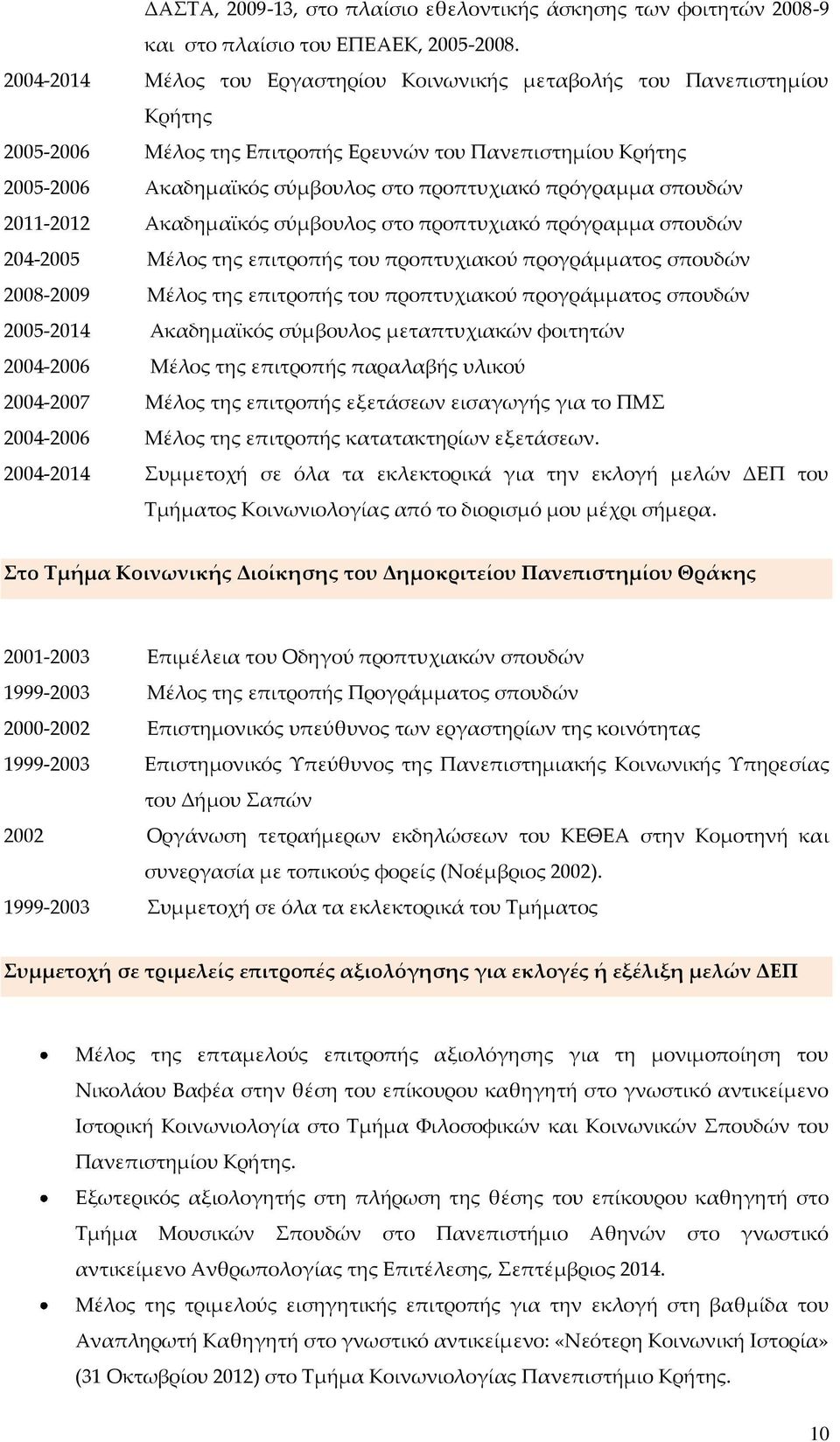 σπουδών 2011-2012 Ακαδημαϊκός σύμβουλος στο προπτυχιακό πρόγραμμα σπουδών 204-2005 Μέλος της επιτροπής του προπτυχιακού προγράμματος σπουδών 2008-2009 Μέλος της επιτροπής του προπτυχιακού