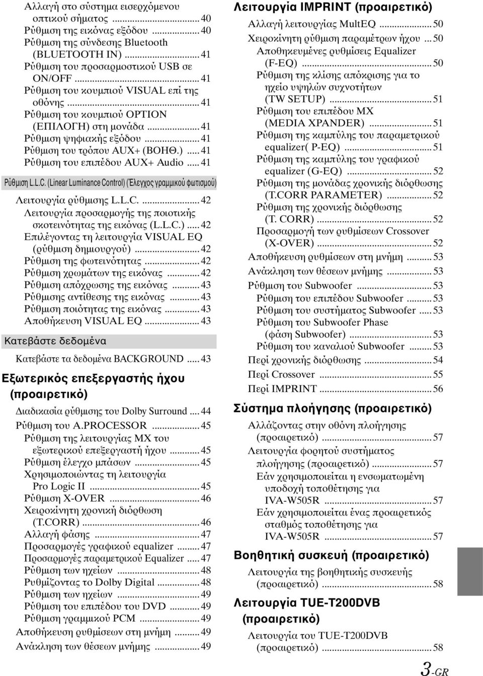 .. 41 Ρύθμιση L.L.C. (Linear Luminance Control) (Έλεγχος γραμμικού φωτισμού) Λειτουργία ρύθμισης L.L.C.... 42 Λειτουργία προσαρμογής της ποιοτικής σκοτεινότητας της εικόνας (L.L.C.)... 42 Επιλέγοντας τη λειτουργία VISUAL EQ (ρύθμιση δημιουργού).