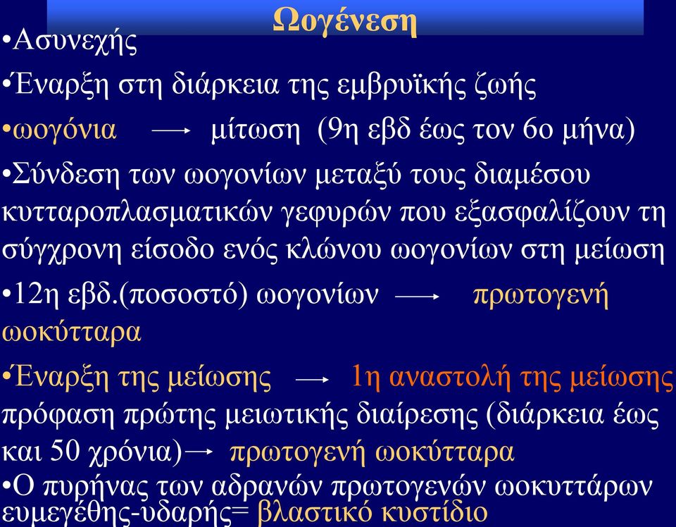 εβδ.(ποσοστό) ωογονίων ωοκύτταρα πρωτογενή Έναρξη της μείωσης 1η αναστολή της μείωσης πρόφαση πρώτης μειωτικής διαίρεσης