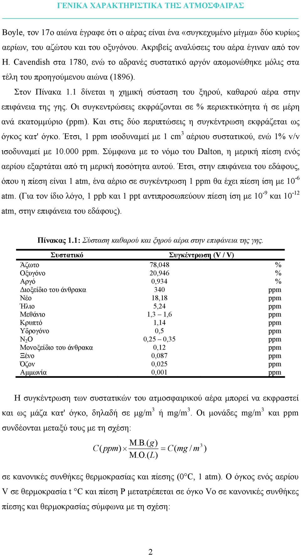 1 δίνεται η χηµική σύσταση του ξηρού, καθαρού αέρα στην επιφάνεια της γης. Οι συγκεντρώσεις εκφράζονται σε % περιεκτικότητα ή σε µέρη ανά εκατοµµύριο (ppm).