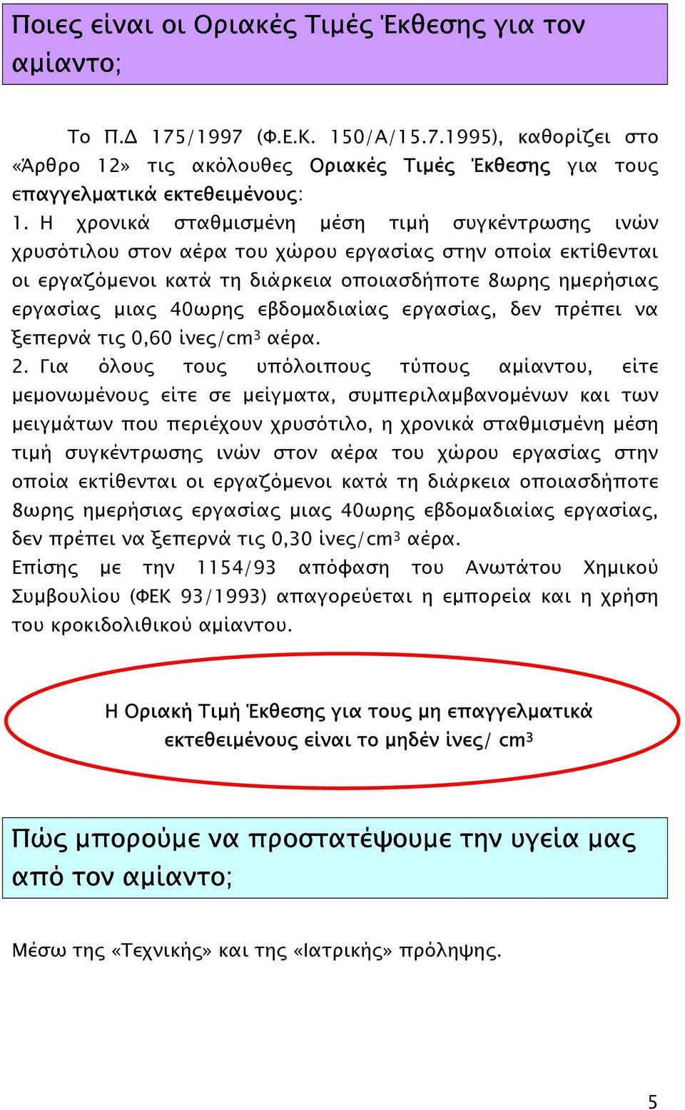 εβδοµαδιαίας εργασίας, δεν πρέπει να ξεπερνά τις 0,60 ίνες/cm 3 αέρα. 2.