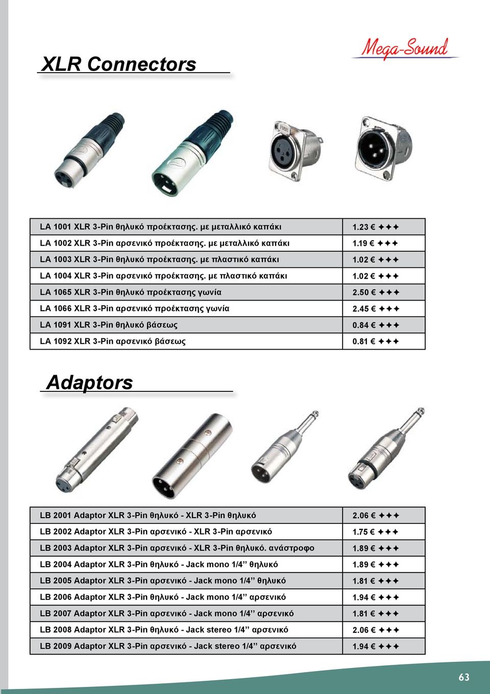 με πλαστικό καπάκι LA 1065 XLR 3-Pin θηλυκό προέκτασης γωνία LA 1066 XLR 3-Pin αρσενικό προέκτασης γωνία LA 1091 XLR 3-Pin θηλυκό βάσεως LA 1092 XLR 3-Pin αρσενικό βάσεως 1.23 1.19 1.02 1.02 2.50 2.