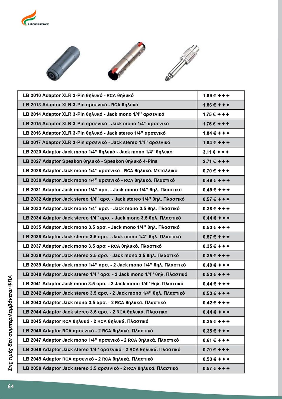 2027 Adaptor Speakon θηλυκό - Speakon θηλυκό 4-Pins LB 2028 Adaptor Jack mono 1/4 αρσενικό - RCA θηλυκό. Μεταλλικό LB 2030 Adaptor Jack mono 1/4 αρσενικό - RCA θηλυκό.