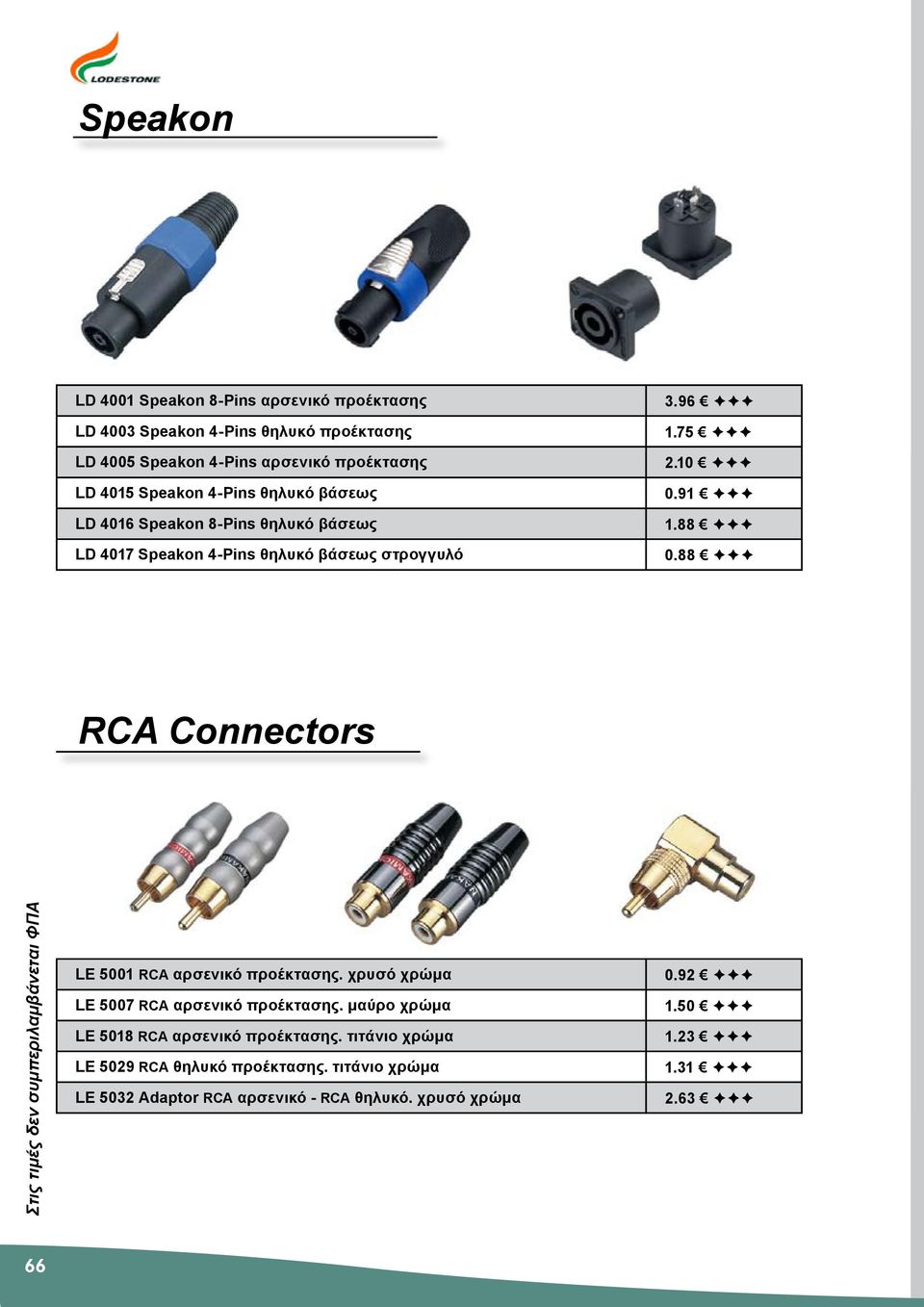 88 RCA Connectors Στις τιμές δεν συμπεριλαμβάνεται ΦΠΑ LE 5001 RCA αρσενικό προέκτασης. χρυσό χρώμα LE 5007 RCA αρσενικό προέκτασης.