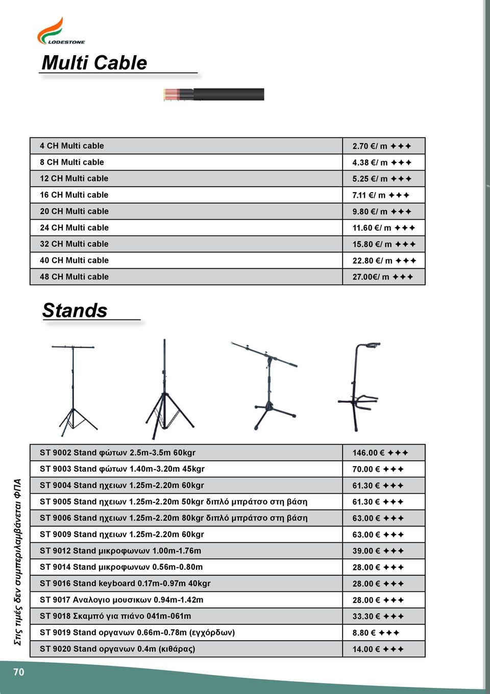 00 Στις τιμές δεν συμπεριλαμβάνεται ΦΠΑ ST 9004 Stand ηχειων 1.25m-2.20m 60kgr ST 9005 Stand ηχειων 1.25m-2.20m 50kgr διπλό μπράτσο στη βάση ST 9006 Stand ηχειων 1.25m-2.20m 80kgr διπλό μπράτσο στη βάση ST 9009 Stand ηχειων 1.