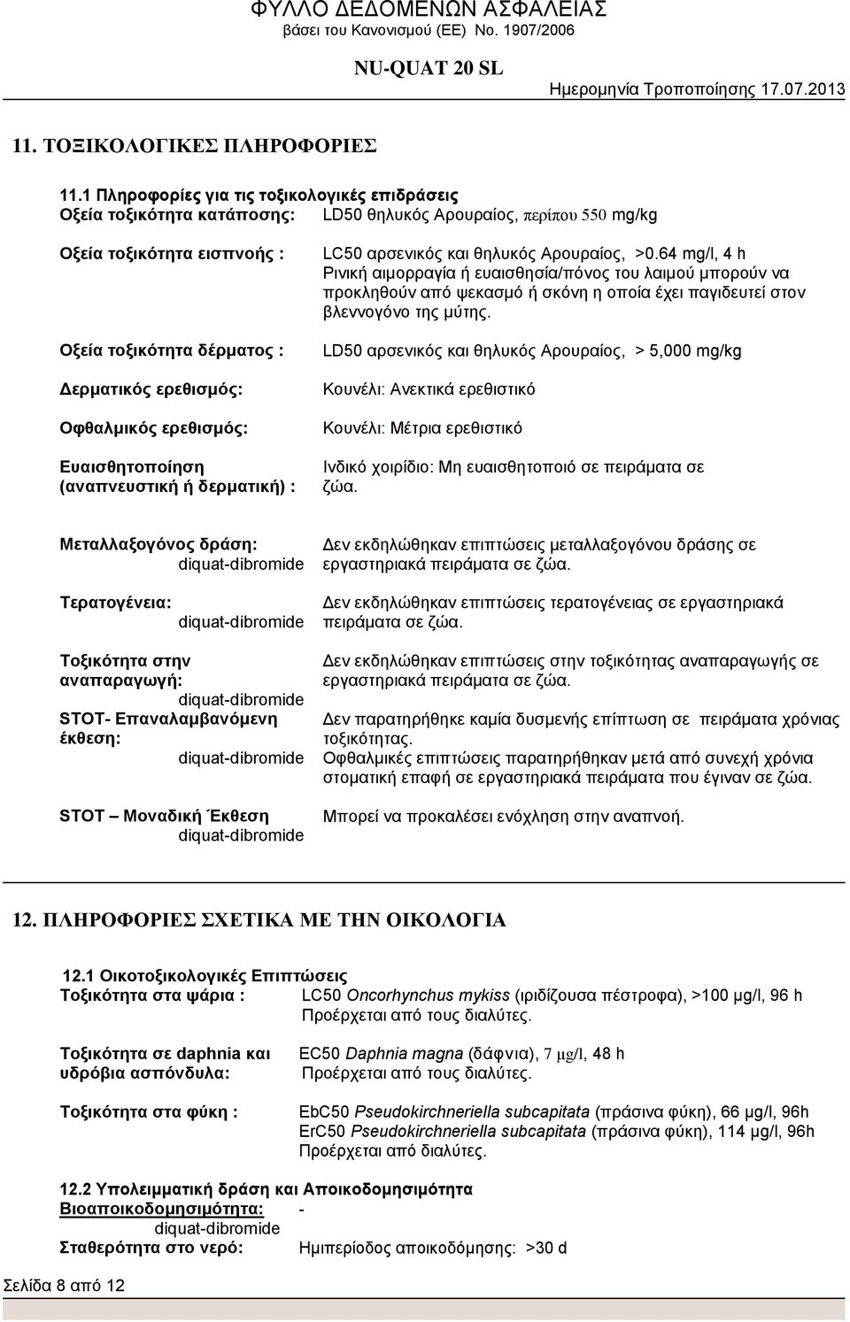 Οφθαλμικός ερεθισμός: Ευαισθητοποίηση (αναπνευστική ή δερματική) : LC50 αρσενικός και θηλυκός Αρουραίος, >0.