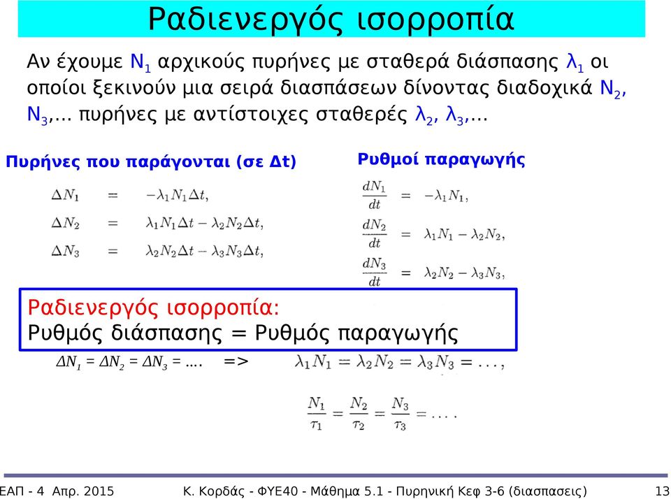 .. Πυρήνες που παράγονται (σε Δt) Ρυθμοί παραγωγής Ραδιενεργός ισορροπία: Ρυθμός διάσπασης = Ρυθμός