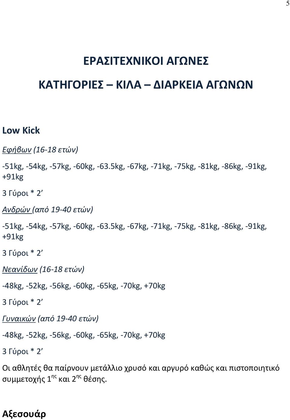 5kg, -67kg, -71kg, -75kg, -81kg, -86kg, -91kg, +91kg Νεανίδων (16-18 ετών) -48kg, -52kg, -56kg, -60kg, -65kg, -70kg, +70kg Γυναικών