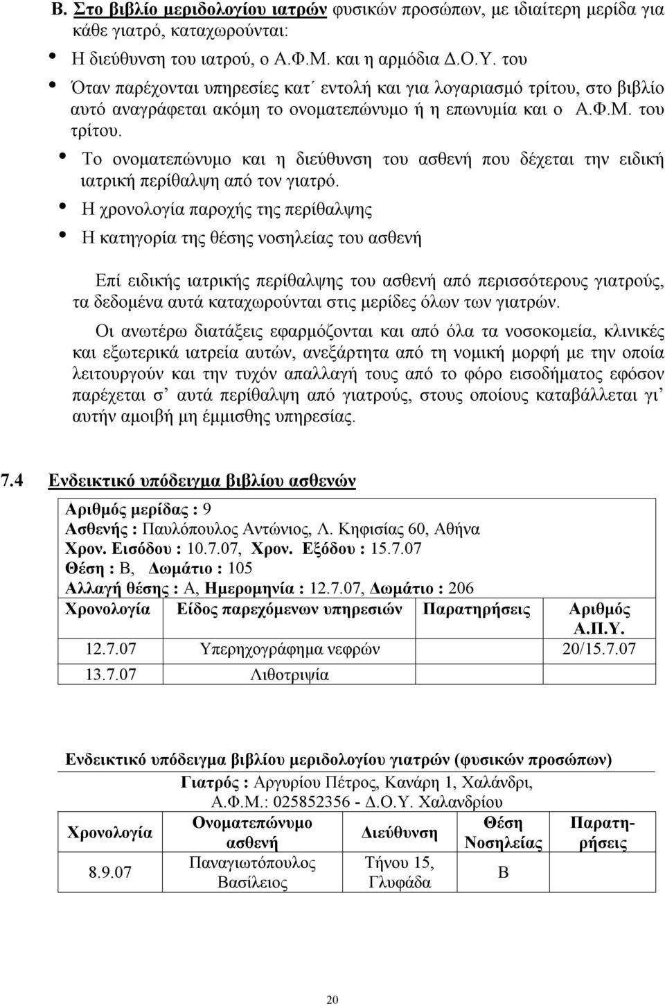 Το ονοματεπώνυμο και η διεύθυνση του ασθενή που δέχεται την ειδική ιατρική περίθαλψη από τον γιατρό.