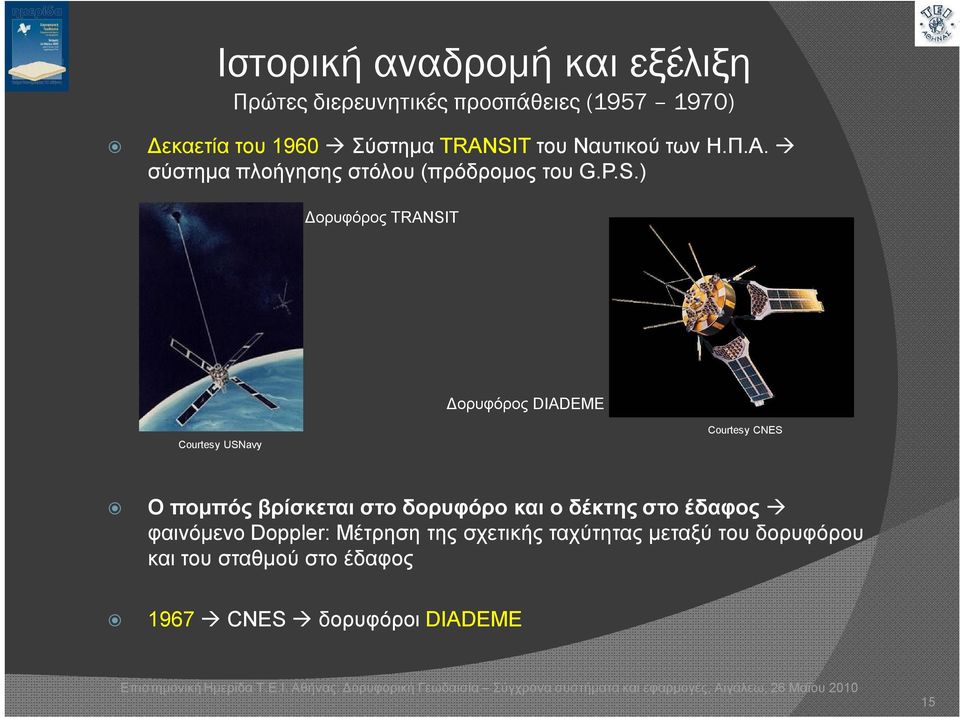 ) Δορυφόρος TRANSIT Δορυφόρος DIADEME Courtesy USNavy Courtesy CNES Ο πομπός βρίσκεται στο δορυφόρο