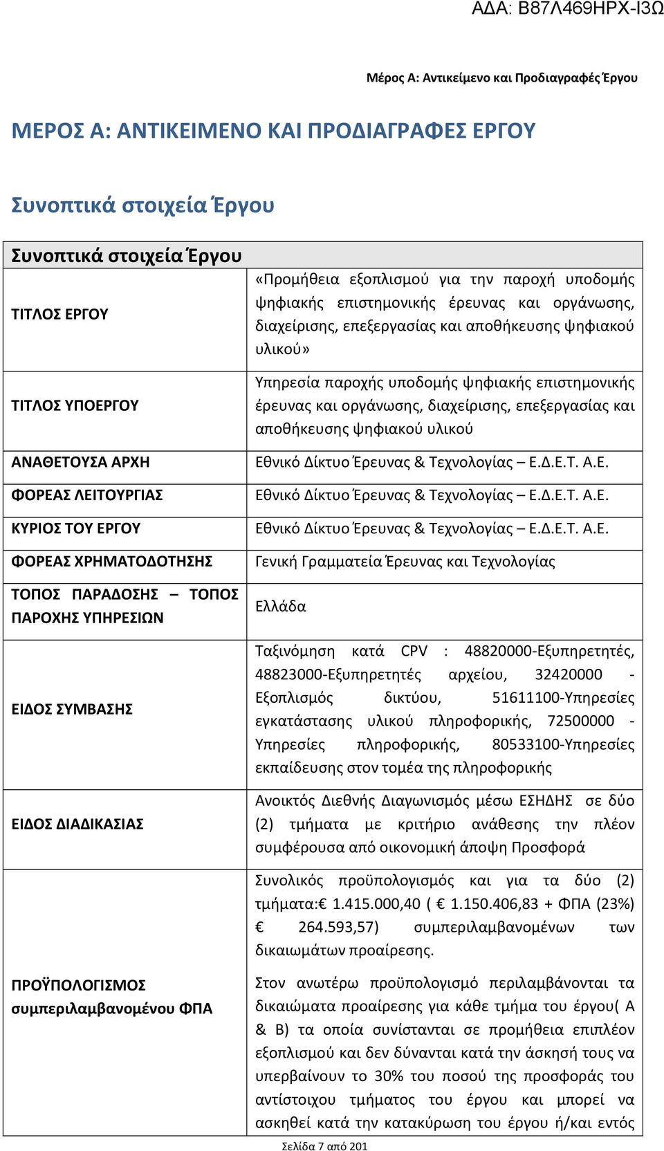 ΛΕΙΤΟΥΡΓΙΑΣ ΚΥΡΙΟΣ ΤΟΥ ΕΡΓΟΥ ΦΟΡΕΑΣ ΧΡΗΜΑΤΟΔΟΤΗΣΗΣ ΤΟΠΟΣ ΠΑΡΑΔΟΣΗΣ ΤΟΠΟΣ ΠΑΡΟΧΗΣ ΥΠΗΡΕΣΙΩΝ ΕΙΔΟΣ ΣΥΜΒΑΣΗΣ ΕΙΔΟΣ ΔΙΑΔΙΚΑΣΙΑΣ «Προμήθεια εξοπλισμού για την παροχή υποδομής ψηφιακής επιστημονικής