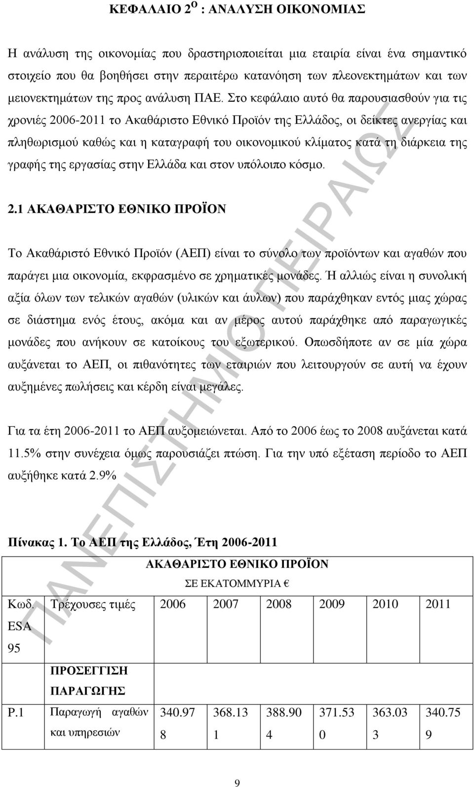 Στο κεφάλαιο αυτό θα παρουσιασθούν για τις χρονιές 2006-2011 το Ακαθάριστο Εθνικό Προϊόν της Ελλάδος, οι δείκτες ανεργίας και πληθωρισμού καθώς και η καταγραφή του οικονομικού κλίματος κατά τη