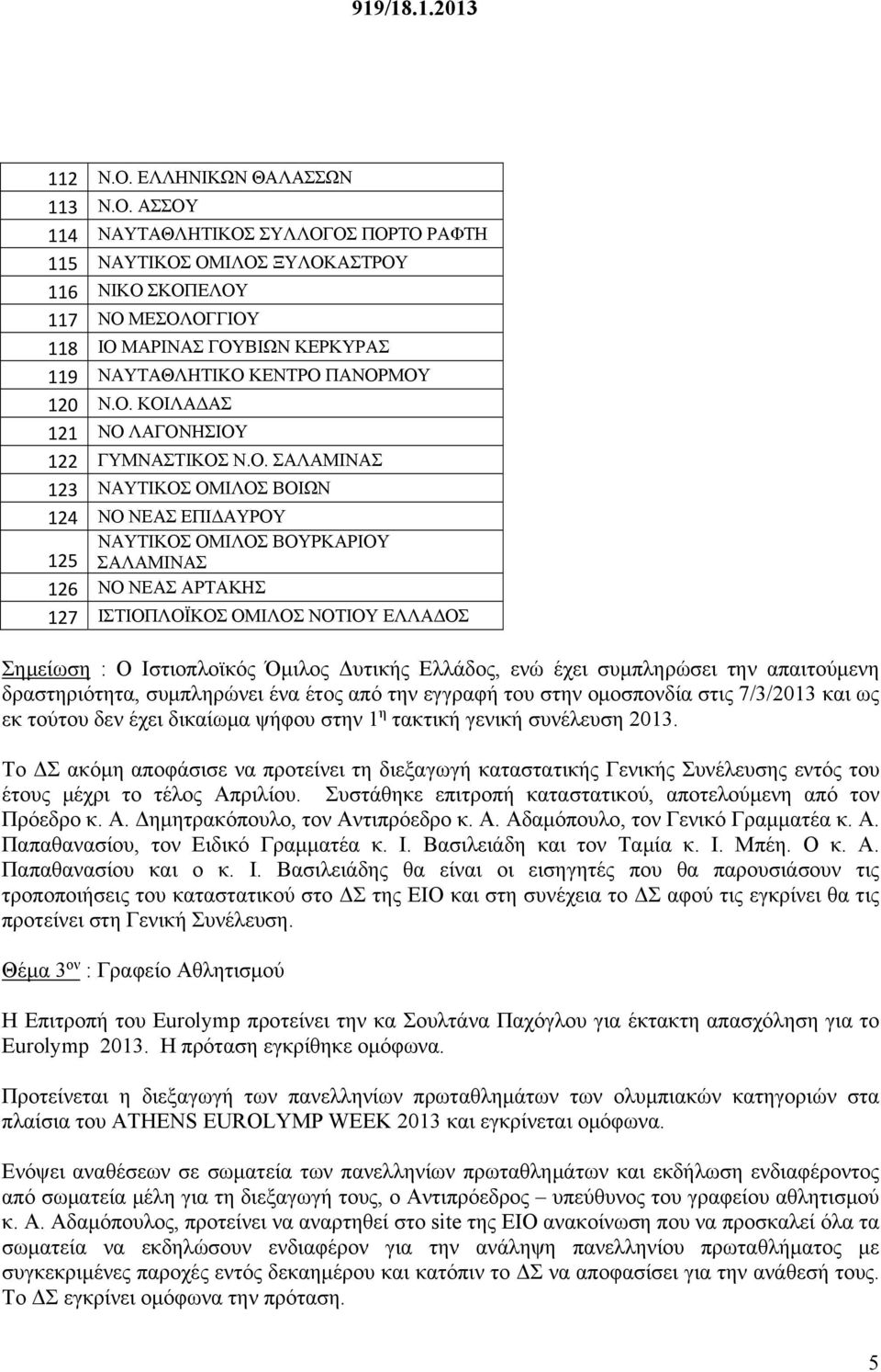 ΝΟΤΙΟΥ ΕΛΛΑΔΟΣ Σημείωση : Ο Ιστιοπλοϊκός Όμιλος Δυτικής Ελλάδος, ενώ έχει συμπληρώσει την απαιτούμενη δραστηριότητα, συμπληρώνει ένα έτος από την εγγραφή του στην ομοσπονδία στις 7/3/2013 και ως εκ