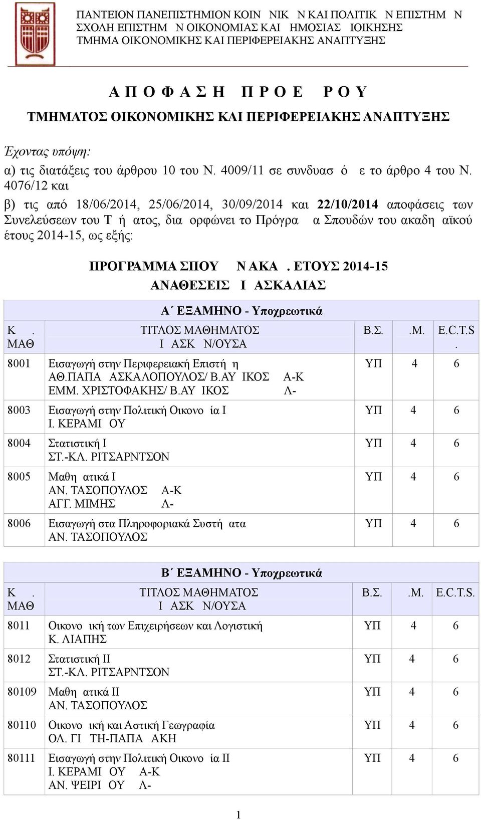 4076/12 και β) τις από 18/06/2014, 25/06/2014, 30/09/2014 και 22/10/2014 απoφάσεις των Συνελεύσεων του Τμήματος, διαμορφώνει το Πρόγραμμα Σπουδών του ακαδημαϊκού έτους 2014-15, ως εξής: ΠΡΟΓΡΑΜΜΑ