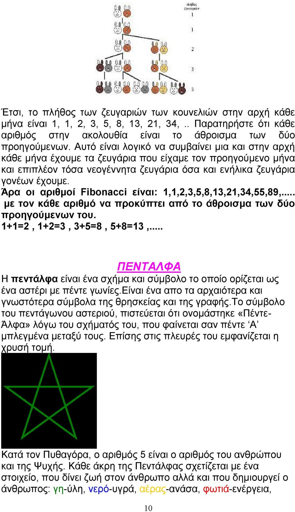 Άρα οι αριθμοί Fibonacci είναι: 1,1,2,3,5,8,13,21,34,55,89,... με τον κάθε αριθμό να προκύπτει από το άθροισμα των δύο προηγούμενων του. 1+1=2, 1+2=3, 3+5=8, 5+8=13,.