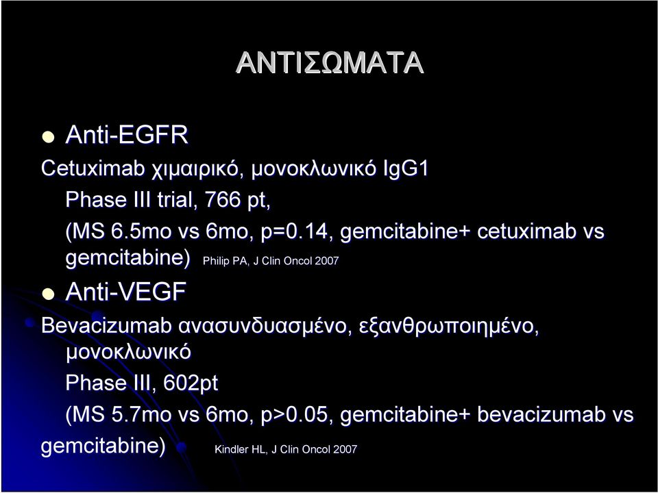 14, gemcitabine+ cetuximab vs gemcitabine) Philip PA, J Clin Oncol 2007 Anti-VEGF