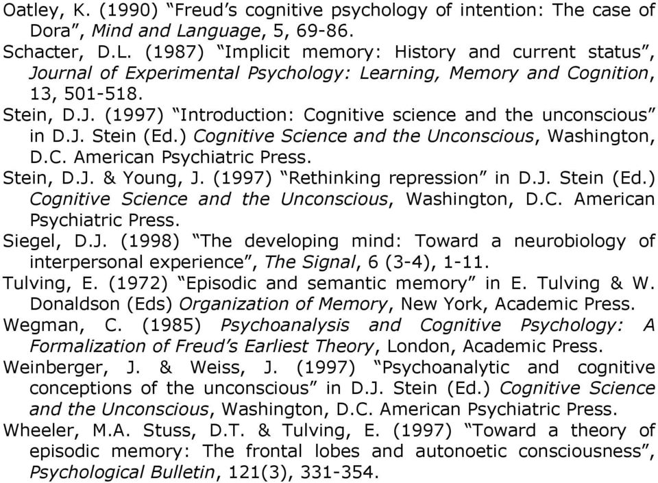 J. Stein (Ed.) Cognitive Science and the Unconscious, Washington, D.C. American Psychiatric Press. Stein, D.J. & Young, J. (1997) Rethinking repression in D.J. Stein (Ed.) Cognitive Science and the Unconscious, Washington, D.C. American Psychiatric Press. Siegel, D.