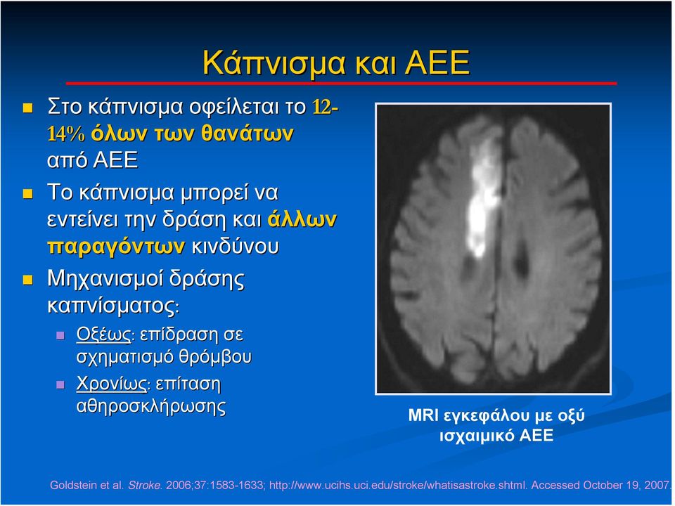 σχηματισμό θρόμβου Χρονίως: επίταση αθηροσκλήρωσης MRI εγκεφάλου με οξύ ισχαιμικό ΑΕΕ Goldstein et al.
