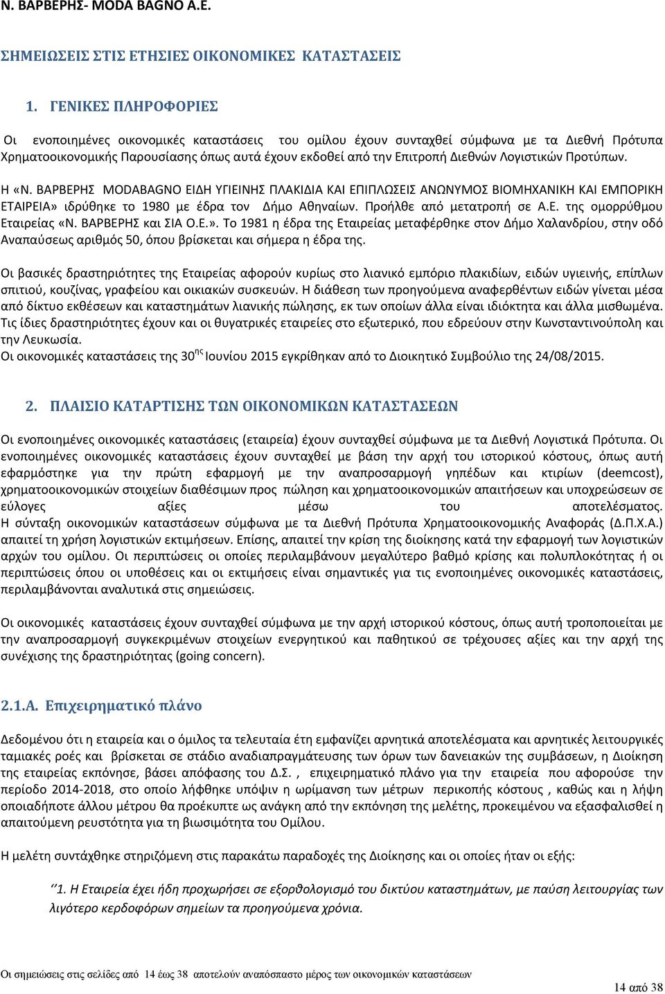 Λογιστικών Προτύπων. Η «Ν. ΒΑΡΒΕΡΗΣ MODABAGNO ΕΙΔΗ ΥΓΙΕΙΝΗΣ ΠΛΑΚΙΔΙΑ ΚΑΙ ΕΠΙΠΛΩΣΕΙΣ ΑΝΩΝΥΜΟΣ ΒΙΟΜΗΧΑΝΙΚΗ ΚΑΙ ΕΜΠΟΡΙΚΗ ΕΤΑΙΡΕΙΑ» ιδρύθηκε το 1980 με έδρα τον Δήμο Αθηναίων. Προήλθε από μετατροπή σε Α.