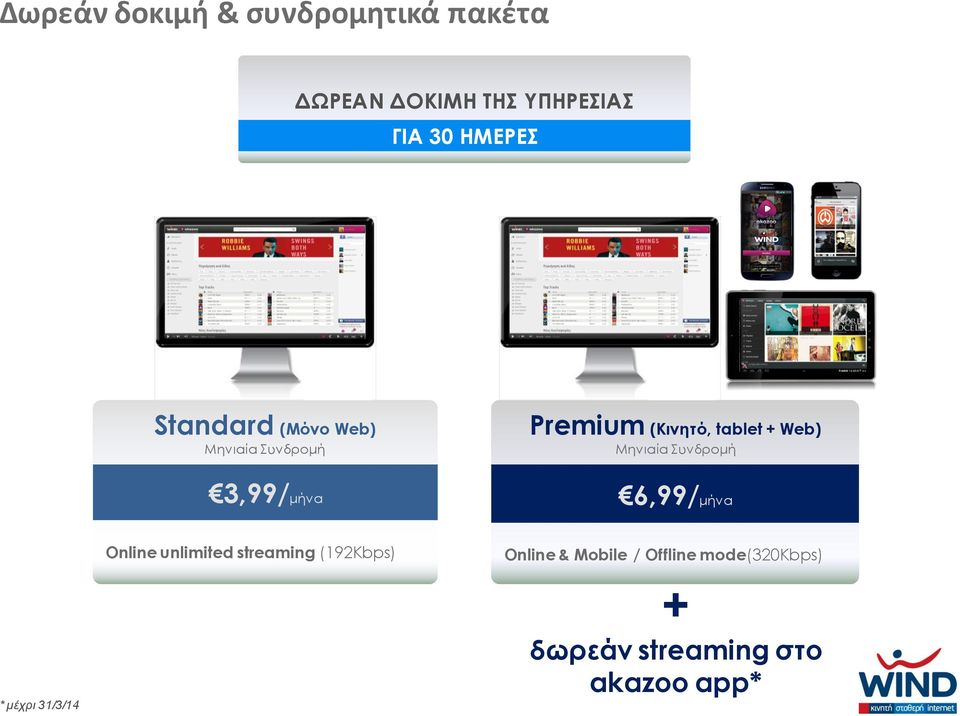 Μηνιαία Συνδρομή 6,99/μήνα Online unlimited streaming (192Kbps) Online &