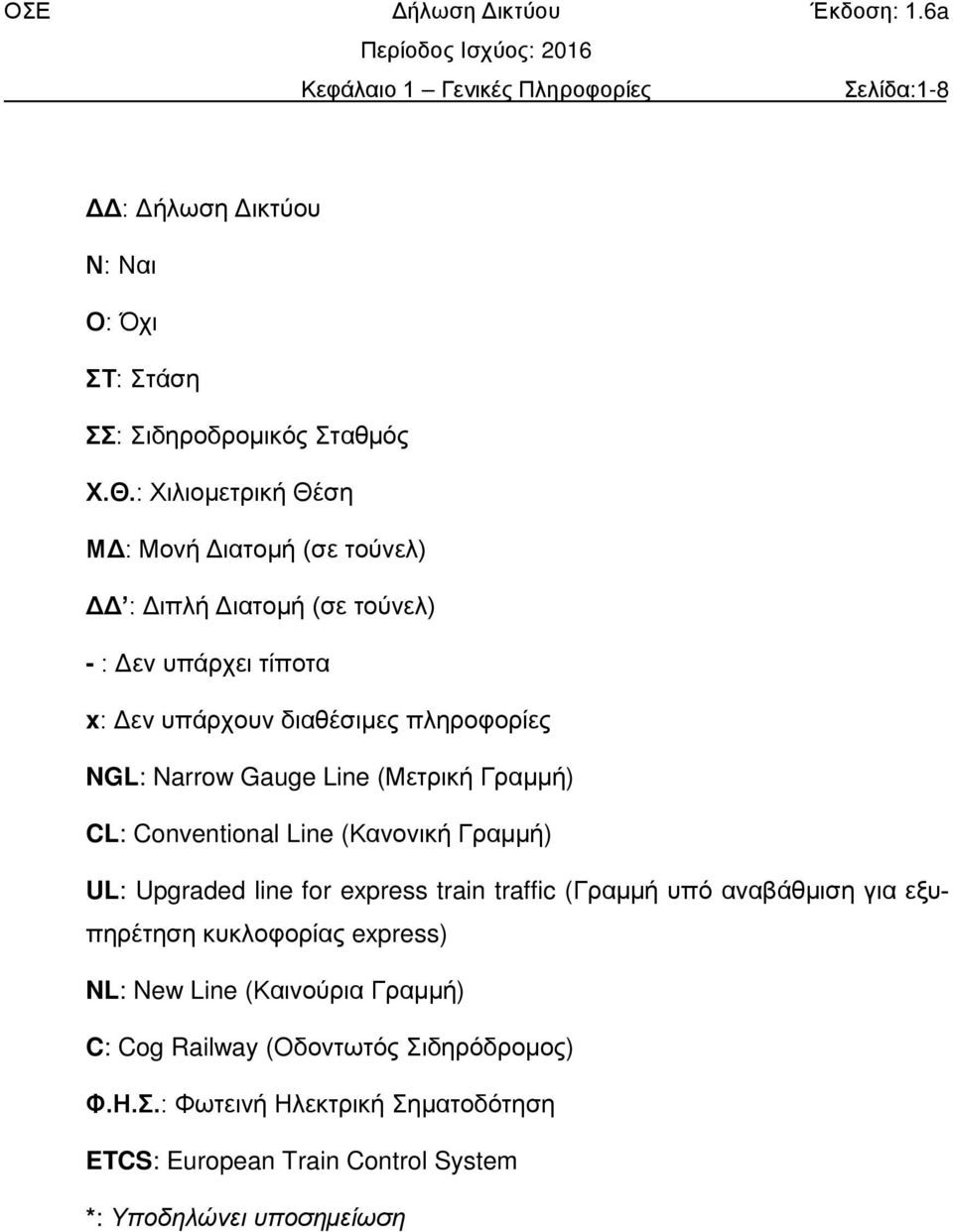 Gauge Line (Μετρική Γραμμή) CL: Conventional Line (Κανονική Γραμμή) UL: Upgraded line for express train traffic (Γραμμή υπό αναβάθμιση για εξυπηρέτηση