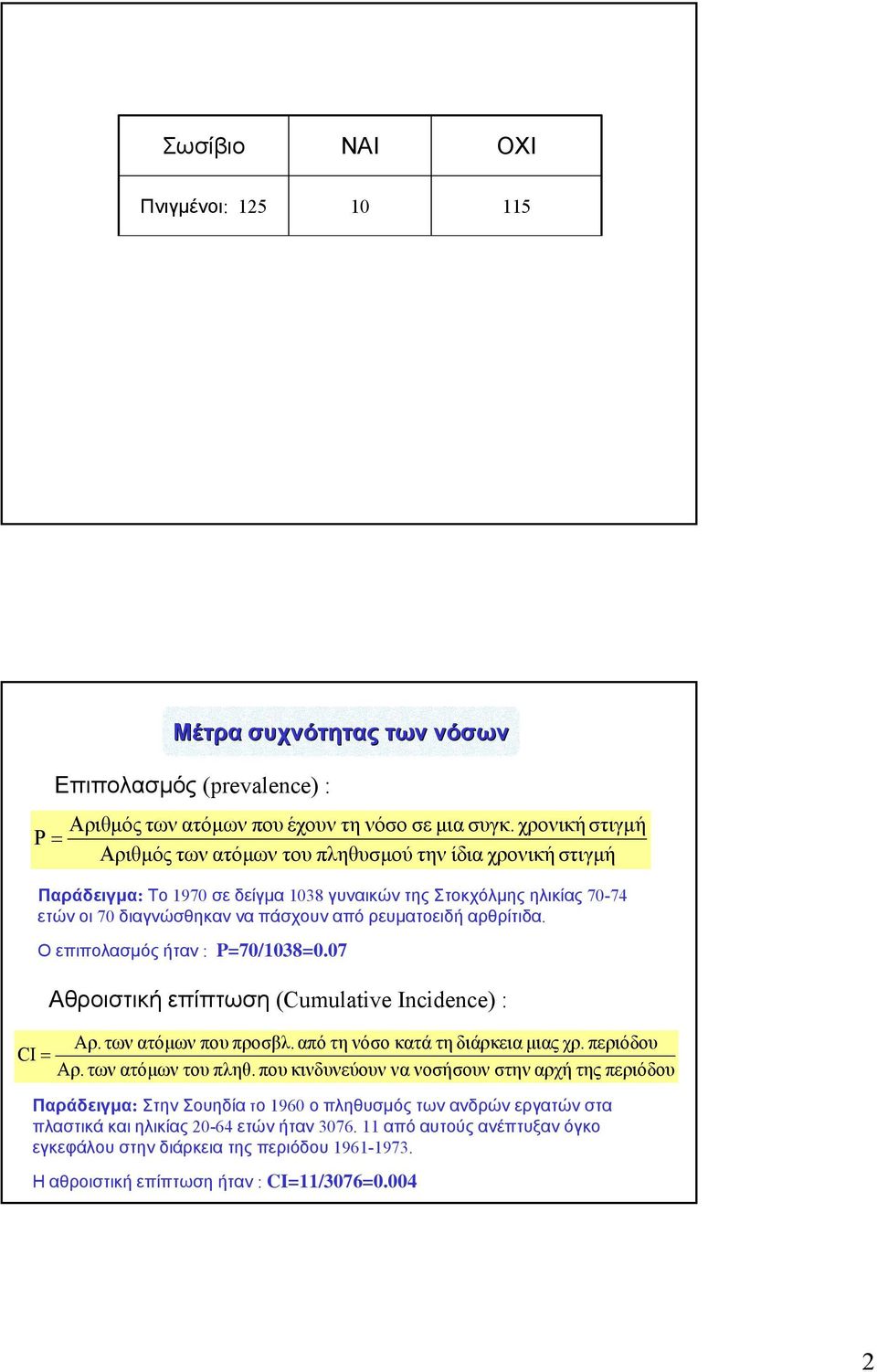 αρθρίτιδα. Ο επιπολασμός ήταν : P=70/038=0.07 Αθροιστική επίπτωση (Cumulative Incidence) : Αρ. των ατόμων που προσβλ.από τη νόσο κατά τη διάρκεια μιας χρ. περιόδου CI = Αρ. των ατόμων του πληθ.