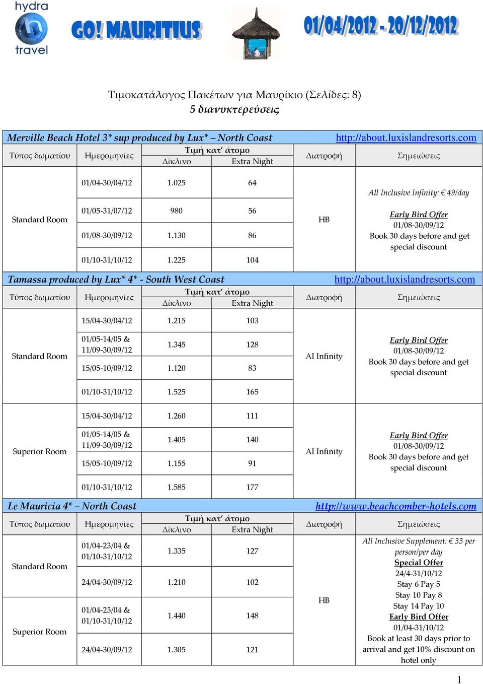 215 103 01/05-14/05 & 11/09-30/09/12 1.345 128 15/05-10/09/12 1.120 83 AI Infinity Book 30 days before and get special discount 1.525 165 15/04-30/04/12 1.