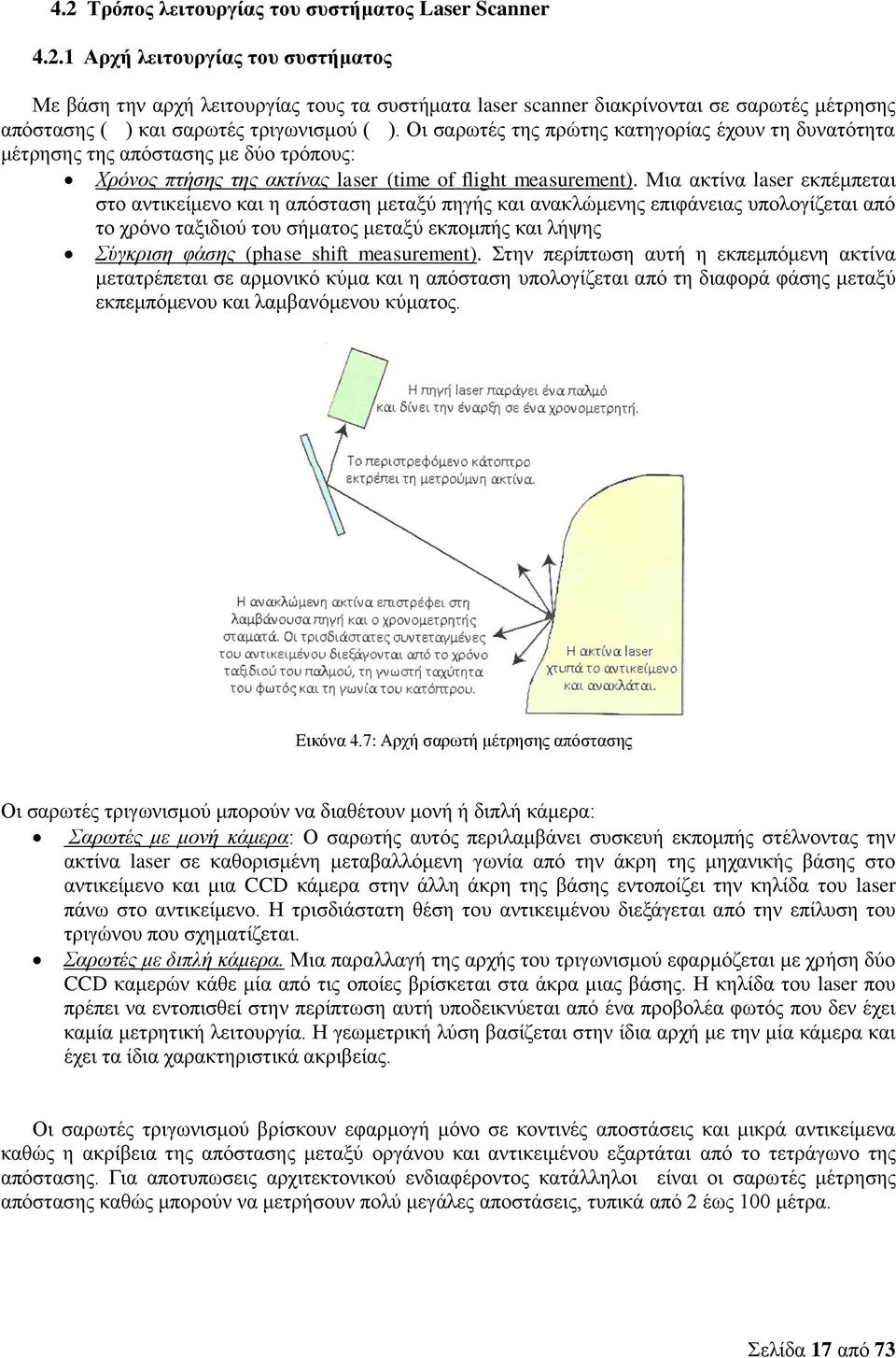 Μια ακτίνα laser εκπέμπεται στο αντικείμενο και η απόσταση μεταξύ πηγής και ανακλώμενης επιφάνειας υπολογίζεται από το χρόνο ταξιδιού του σήματος μεταξύ εκπομπής και λήψης Σύγκριση φάσης (phase shift