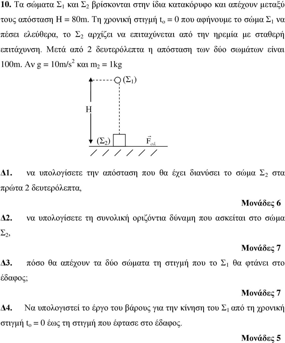 Μετά από 2 δευτερόλεπτα η απόσταση των δύο σωμάτων είναι 100m. Αν g = 10m/s 2 και m 2 = 1kg (Σ 1 ) Η (Σ 2 ) F Δ1.