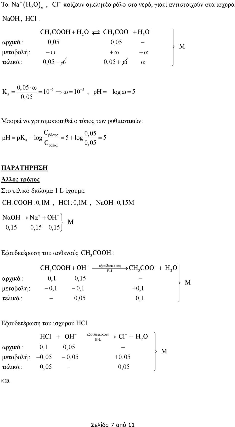 ρυθµιστικών: Cβάσης 005 ph = pk + log = 5 + log = 5 C 005 οξέος ΠΑΡΑΤΗΡΗΣΗ Άλλος τρόπος Στο τελικό διάλυµα 1 L έχουµε: CHCOOH : 01 HCl : 01 NOH : 015 NαOH Να + ΟΗ 015 015 015