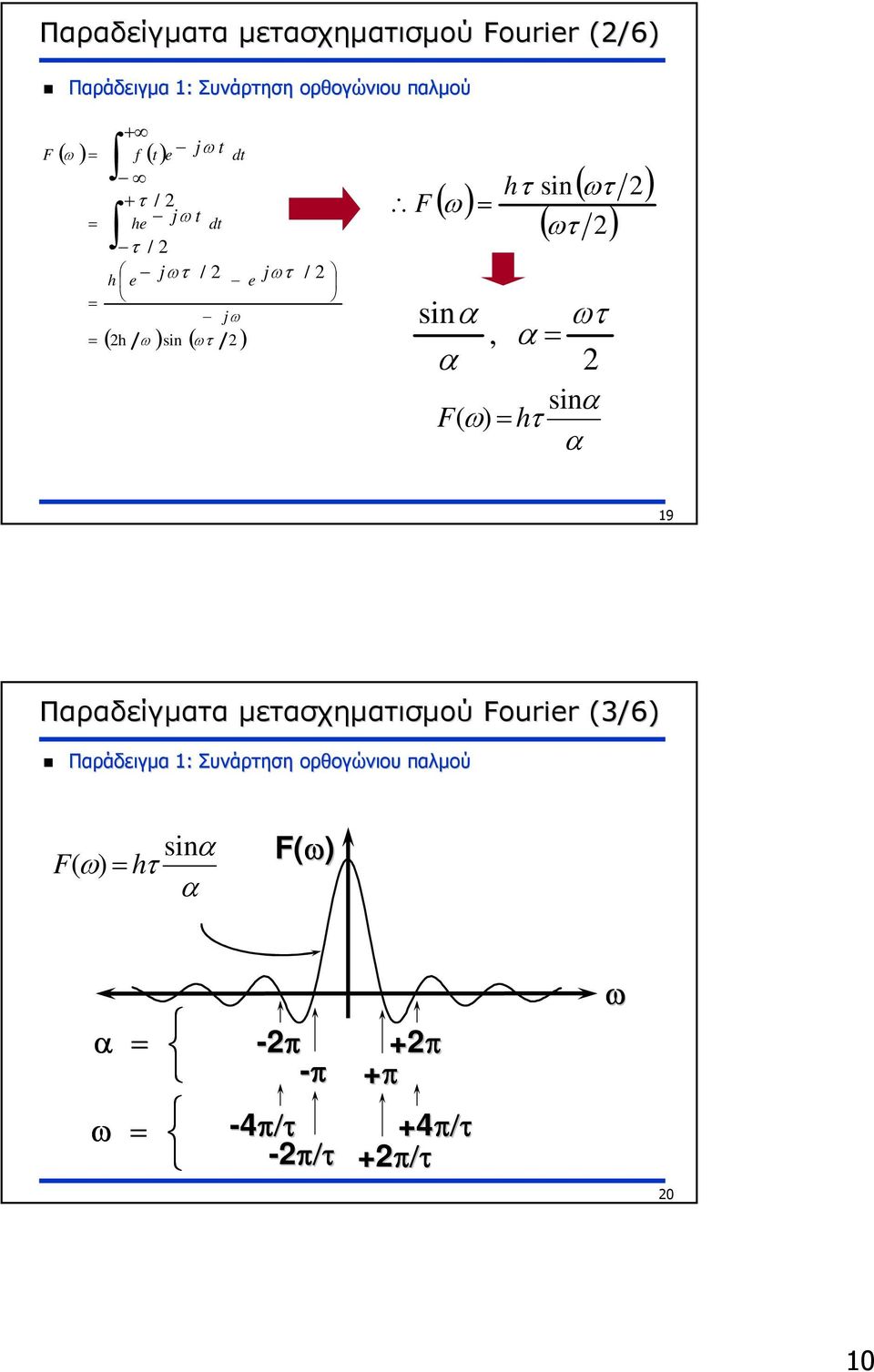 ( ωτ ) sinα ωτ, α= α sinα F ( ω) = hτ α 9 Παραδείγµατα µετασχηµατισµού Fourier (3/6) Παράδειγµα :