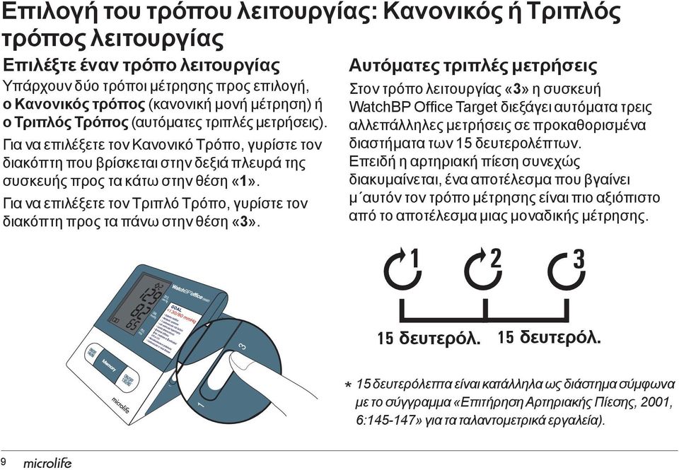 Τριπλός Τρόπος (αυτόματες τριπλές μετρήσεις). Για να επιλέξετε τον Κανονικό Τρόπο, γυρίστε τον διακόπτη που βρίσκεται στην δεξιά πλευρά της συσκευής προς τα κάτω στην θέση «1».