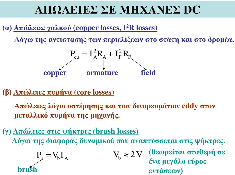 P cu I 2 A R A I 2 F R F copper armature field (β) Απώλειες πυρήνα (core losses) Απώλειες λόγω υστέρησης και των