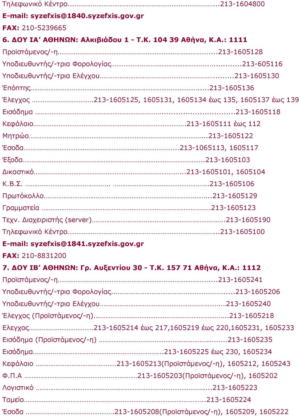 ..213-1605118 Κεφάλαιο.213-1605111 έως 112 Μητρώο...213-1605122 Έσοδα 213-1065113, 1605117 Έξοδα..213-1605103 Δικαστικό...213-1605101, 1605104 K.B.Σ.....213-1605106 Πρωτόκολλο...213-1605129 Γραμματεία.