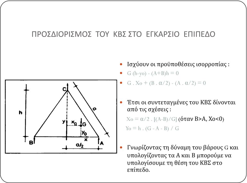 α/2) = 0 Έτσι οι συντεταγμένες του ΚΒΣ δίνονται από τις σχέσεις : Xo = α/2.