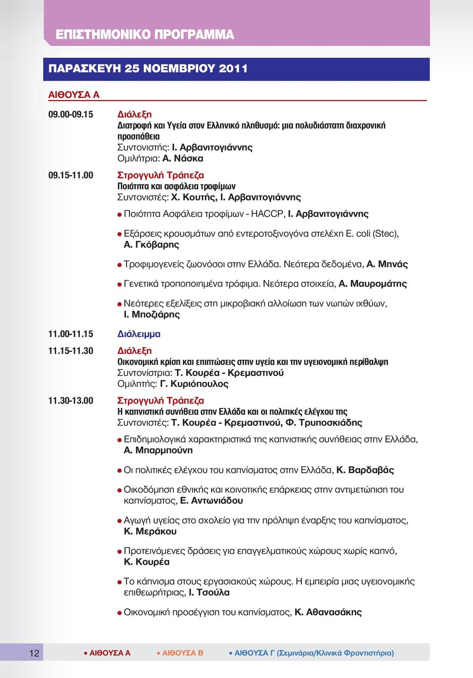 Αρβανιτογιάννης Εξάρσεις κρουσμάτων από εντεροτοξινογόνα στελέχη E. coli (Stec), Α. Γκόβαρης Τροφιμογενείς ζωονόσοι στην Ελλάδα. Νεότερα δεδομένα, Α. Μηνάς Γενετικά τροποποιημένα τρόφιμα.