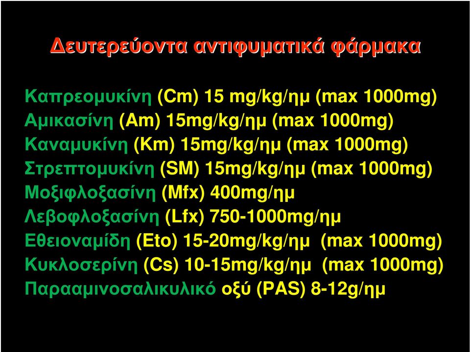 (max 1000mg) Μοξιφλοξασίνη (Mfx) 400mg/ηµ Λεβοφλοξασίνη (Lfx) 750-1000mg/ηµ Εθειοναµίδη (Eto)
