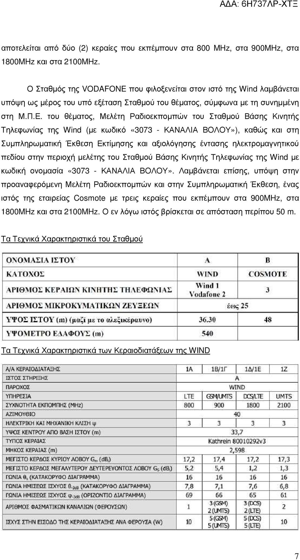 του θέµατος, Μελέτη Ραδιοεκποµπών του Σταθµού Βάσης Κινητής Τηλεφωνίας της Wind (µε κωδικό «3073 - ΚΑΝΑΛΙΑ ΒΟΛΟΥ»), καθώς και στη Συµπληρωµατική Έκθεση Εκτίµησης και αξιολόγησης έντασης