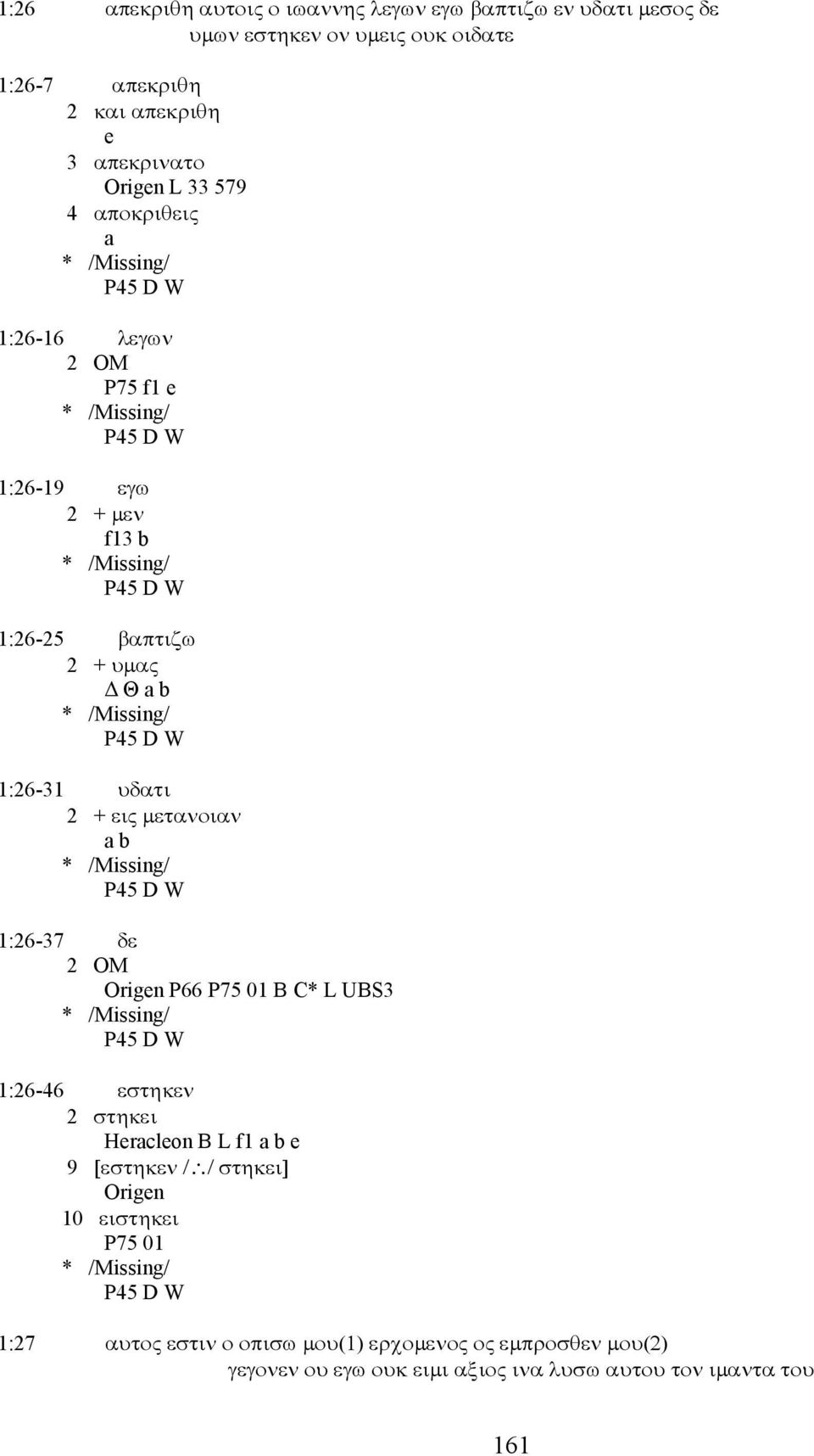 1:26-31 υδατι 2 + εις μετανοιαν a b P45 D W 1:26-37 δε Origen P66 P75 01 B C* L UBS3 P45 D W 1:26-46 εστηκεν 2 στηκει Heracleon B L f1 9 [εστηκεν / /