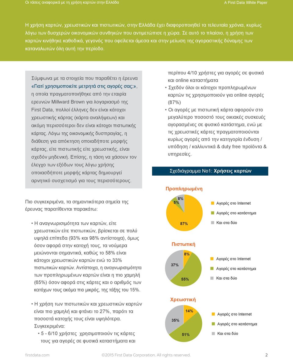 Σύμφωνα με τα στοιχεία που παραθέτει η έρευνα «Γιατί χρησιμοποιείτε μετρητά στις αγορές σας;», η οποία πραγματοποιήθηκε από την εταιρία ερευνών Millward Brown για λογαριασμό της First Data, πολλοί