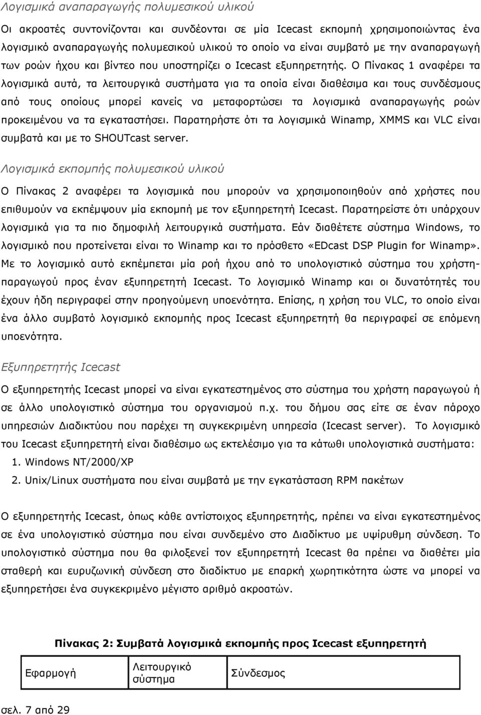 Ο Πίνακας 1 αναφέρει τα λογισµικά αυτά, τα λειτουργικά συστήµατα για τα οποία είναι διαθέσιµα και τους συνδέσµους από τους οποίους µπορεί κανείς να µεταφορτώσει τα λογισµικά αναπαραγωγής ροών