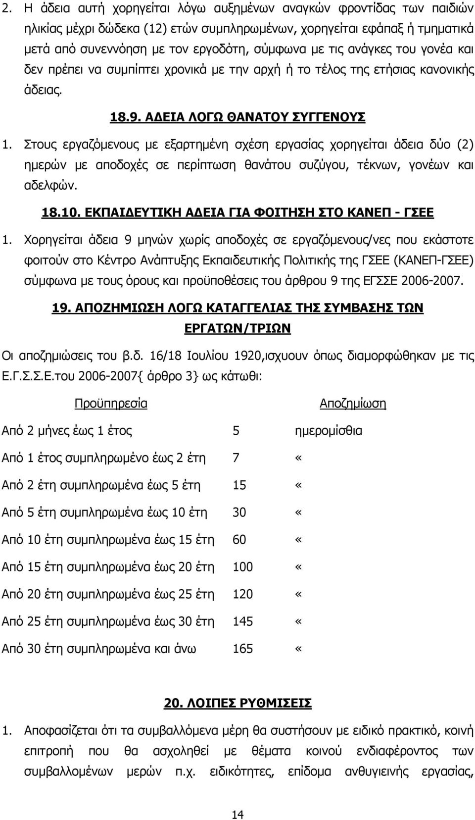 Στους εργαζόµενους µε εξαρτηµένη σχέση εργασίας χορηγείται άδεια δύο (2) ηµερών µε αποδοχές σε περίπτωση θανάτου συζύγου, τέκνων, γονέων και αδελφών. 18.10.