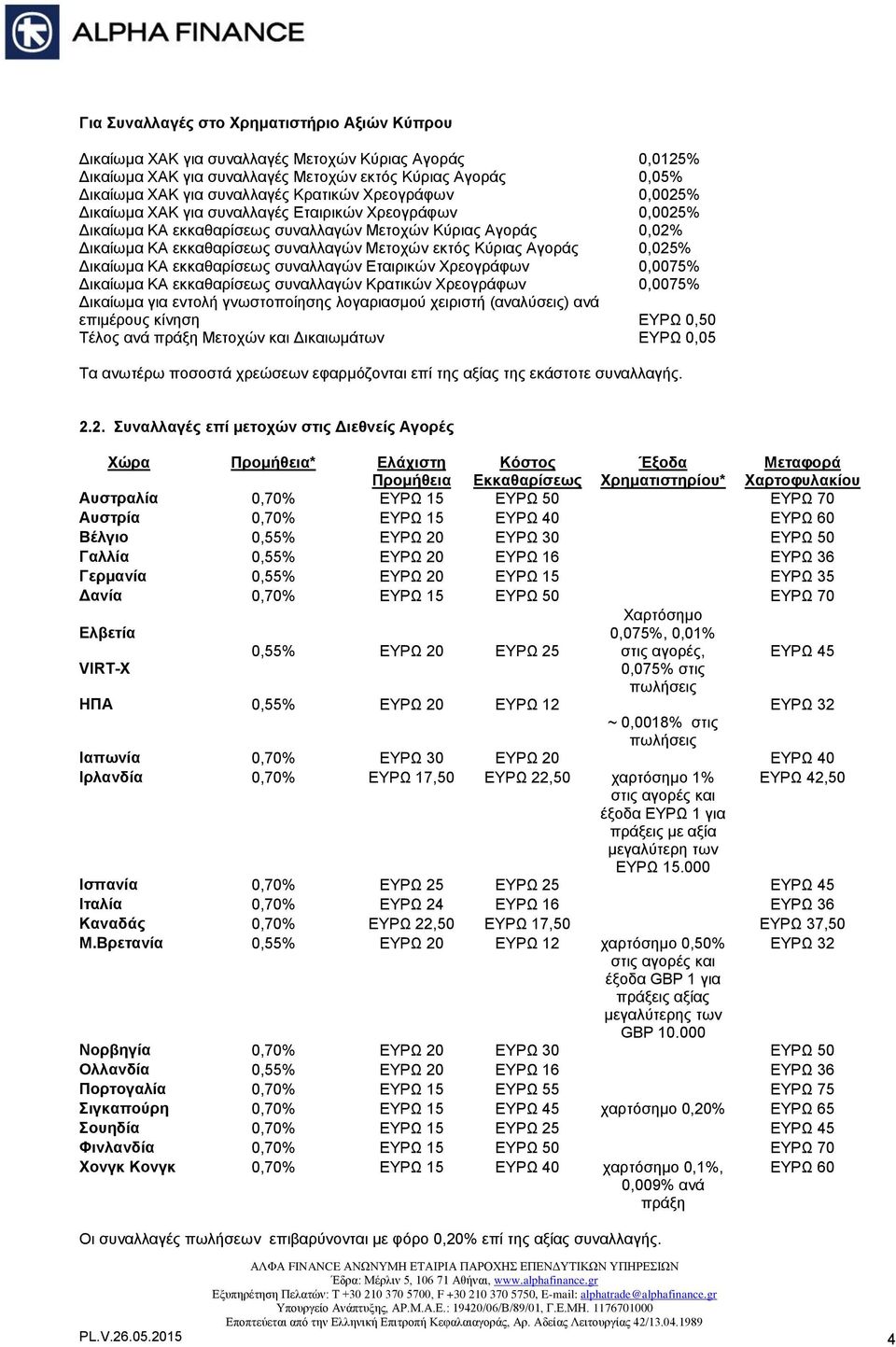 Κύριας Αγοράς 0,025% Δικαίωμα ΚΑ εκκαθαρίσεως συναλλαγών Εταιρικών Χρεογράφων 0,0075% Δικαίωμα ΚΑ εκκαθαρίσεως συναλλαγών Κρατικών Χρεογράφων 0,0075% Δικαίωμα για εντολή γνωστοποίησης λογαριασμού