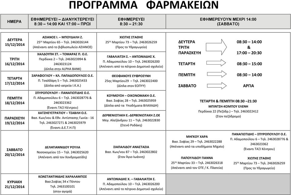 18/12/2014 19/12/2014 ΧΑΤΖΗΕΥΣΤΡΑΤΙΟΥ ΤΣΑΒΛΗ O.E. ΔΕΡΒΕΝΙΩΤΑΚΗ Ε. ΔΕΡΒΕΝΙΩΤΑΚΗ Ζ.