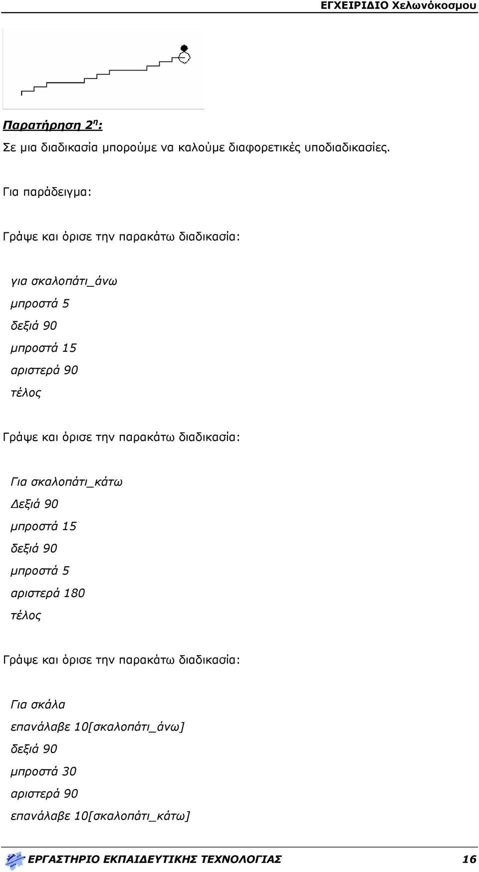 και όρισε την παρακάτω διαδικασία: Για σκαλοπάτι_κάτω Δεξιά 90 μπροστά 15 δεξιά 90 μπροστά 5 αριστερά 180 Γράψε και όρισε