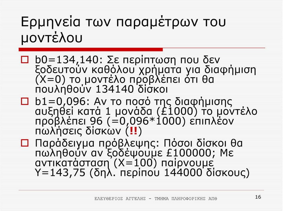 µοντέλο προβλέπει 96 (=0,096*1000) επιπλέον πωλήσεις δίσκων (!