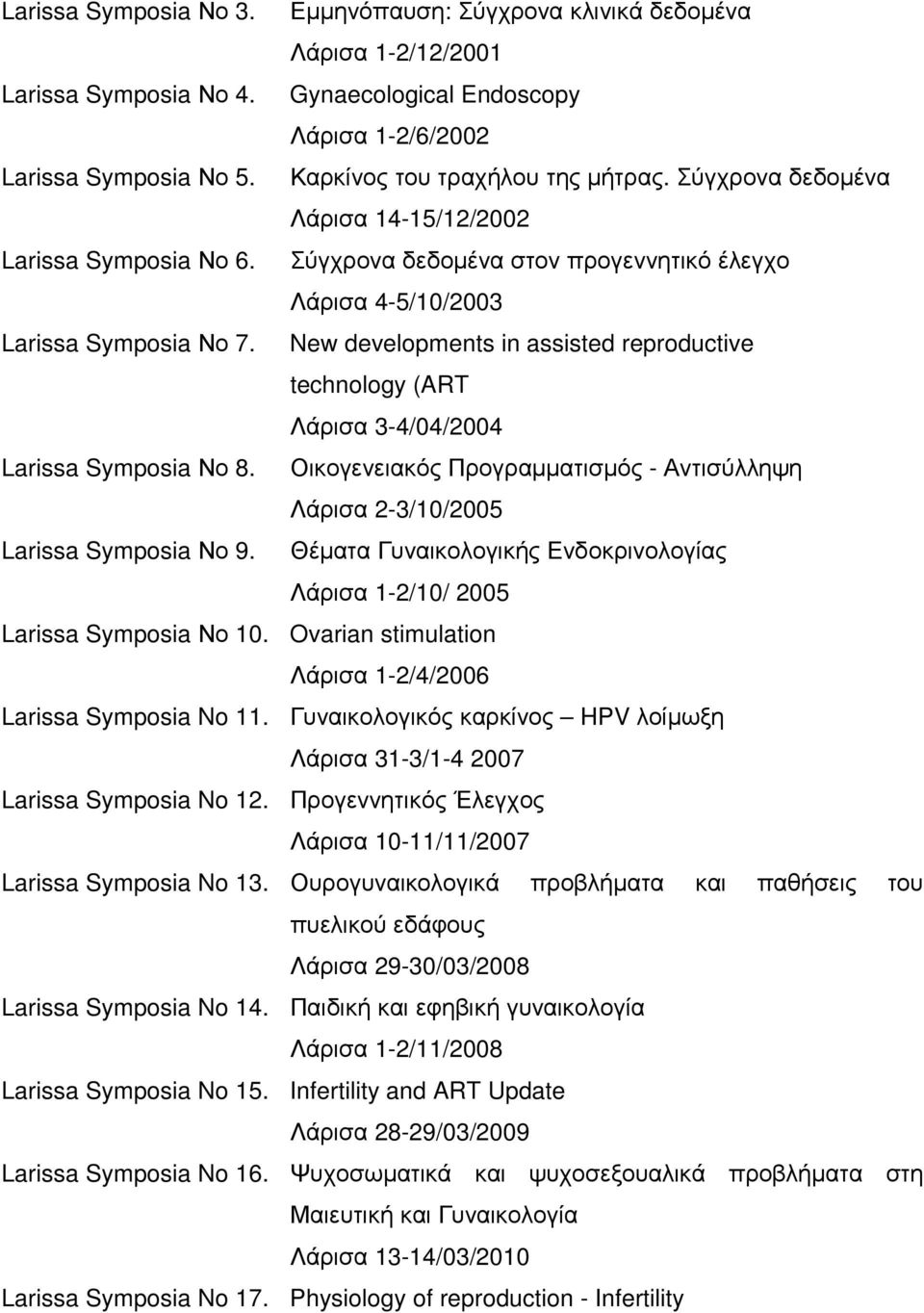 New developments in assisted reproductive technology (ART Λάρισα 3-4/04/2004 Larissa Symposia Νο 8. Οικογενειακός Προγραµµατισµός - Αντισύλληψη Λάρισα 2-3/10/2005 Larissa Symposia Νο 9.
