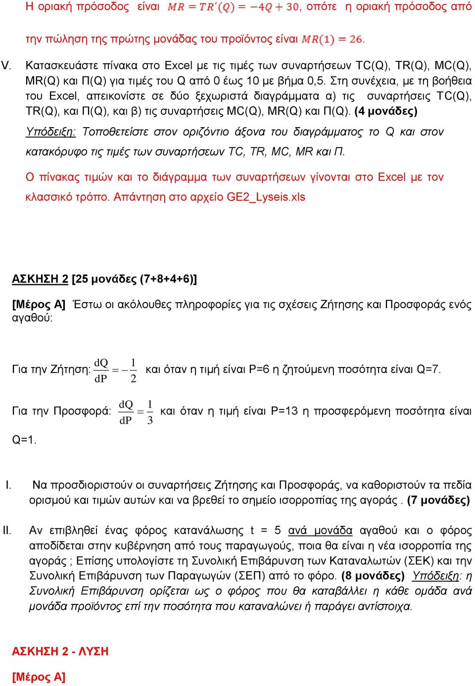 Στη συνέχεια, με τη βοήθεια του Excel, απεικονίστε σε δύο ξεχωριστά διαγράμματα α) τις συναρτήσεις ΤC(), ΤR(), και Π(), και β) τις συναρτήσεις ΜC(), ΜR() και Π().