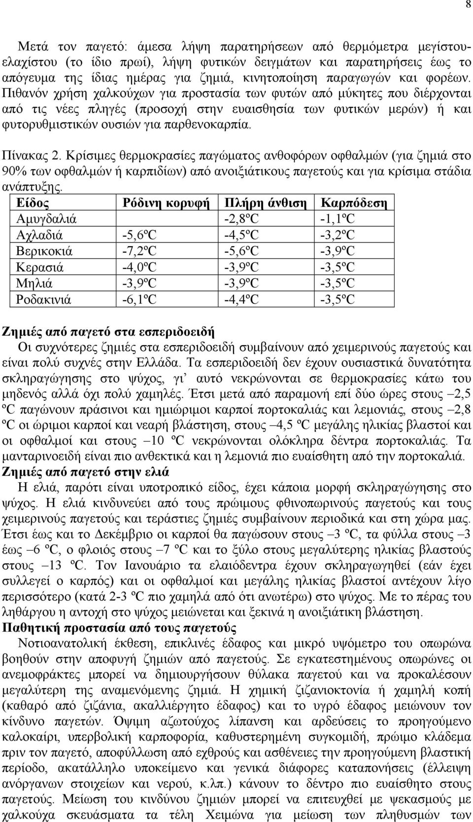 Πίνακας 2. Κρίσιμες θερμοκρασίες παγώματος ανθοφόρων οφθαλμών (για ζημιά στο 90% των οφθαλμών ή καρπιδίων) από ανοιξιάτικους παγετούς και για κρίσιμα στάδια ανάπτυξης.